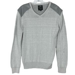 NWOT XRAY JEANS Sweater Men L Ivory Grey Faux Leather Patches V Neck Knit